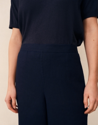 Linen Stitch Detail Cropped Wide Leg Trousers - Navy