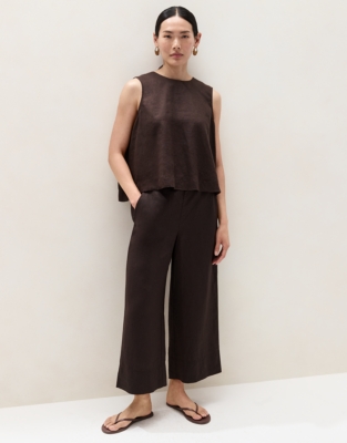 Linen Stitch Detail Cropped Wide Leg Trousers