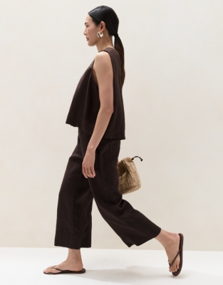 Linen Stitch Detail Cropped Wide Leg Trousers - Dark Chocolate