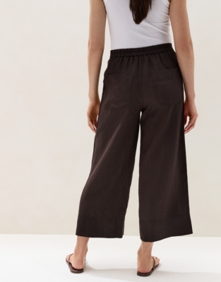 Linen Stitch Detail Cropped Wide Leg Trousers - Dark Chocolate