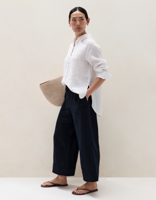 Linen Stitch Detail Cropped Wide Leg Trousers