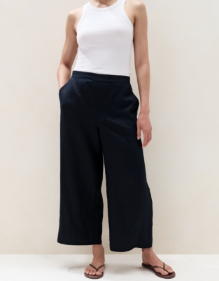 Linen Stitch Detail Cropped Wide Leg Trousers - Navy