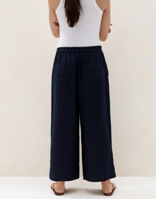 Linen Stitch Detail Cropped Wide Leg Trousers - Navy