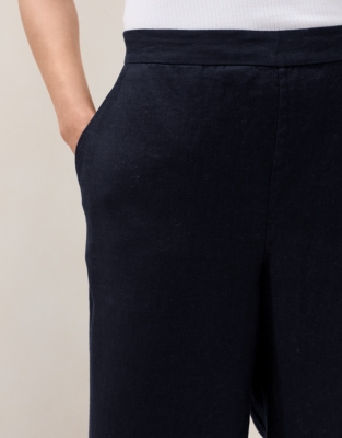 Linen Stitch Detail Cropped Wide Leg Trousers - Navy