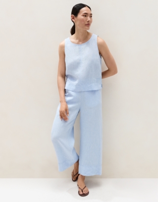 Linen Stitch Detail Cropped Wide-Leg Trousers