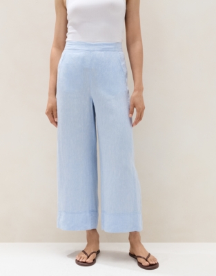 Linen Stitch Detail Cropped Wide-Leg Trousers