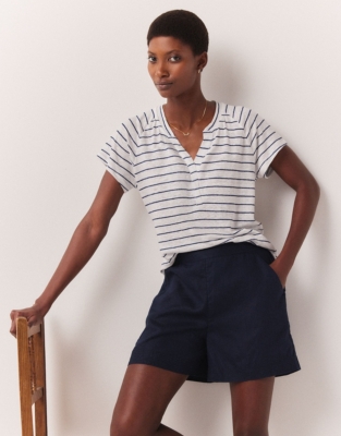 Linen Stitch Detail Shorts - Navy