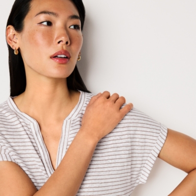 Linen Stripe Notch Neck Jersey Tee