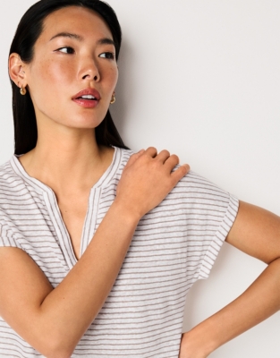 Linen Stripe Notch Neck Jersey Tee