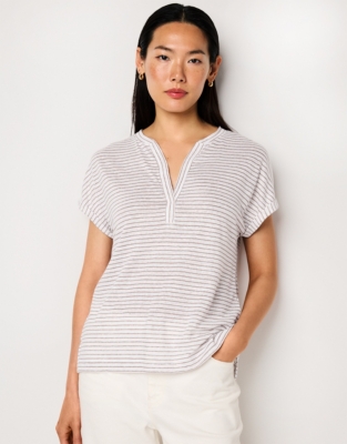 Linen Stripe Notch Neck Jersey Tee