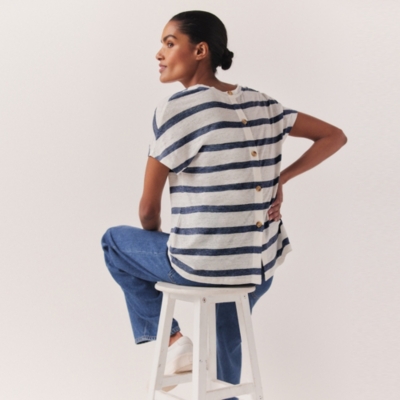 Linen Stripe V-Neck Button Back Top