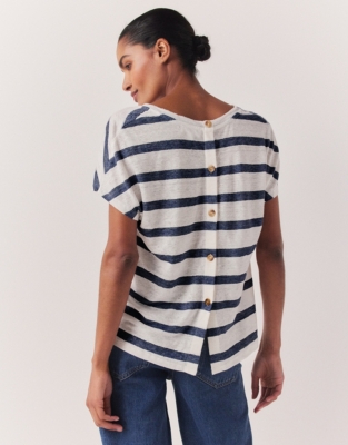 Linen Stripe V-Neck Button Back Top