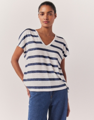 Linen Stripe V-Neck Button Back Top
