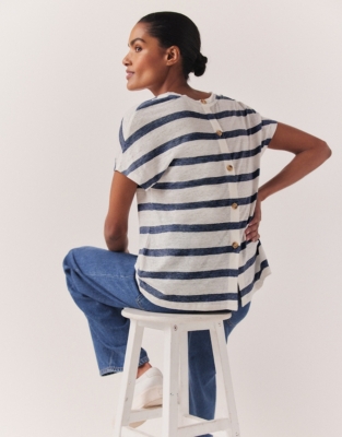 Linen Stripe V-Neck Button Back Top