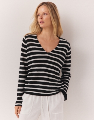 Linen Stripe V-Neck Sweater