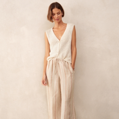 Linen Stripe Wide Leg Trousers