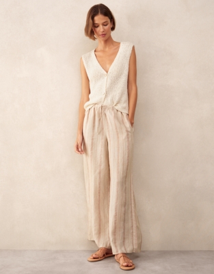Linen Stripe Wide Leg Trousers
