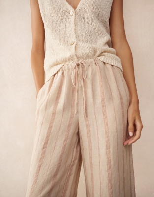 Linen Stripe Wide Leg Trousers