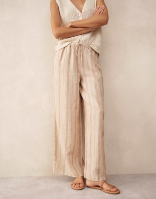 Linen Stripe Wide Leg Trousers