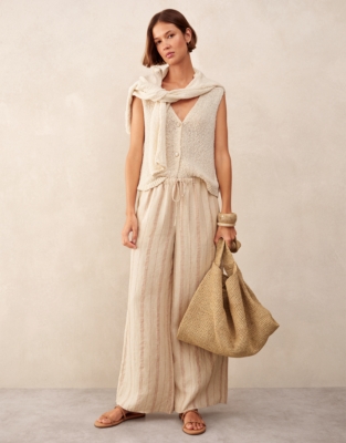 Linen Stripe Wide Leg Trousers