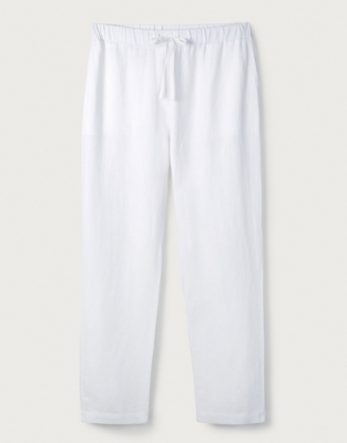 white linen tapered trousers