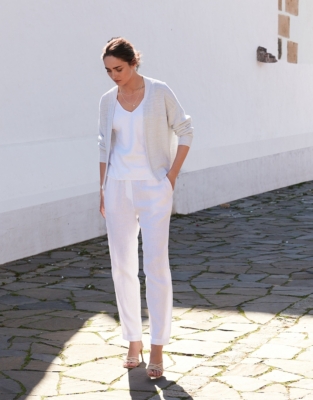 white linen tapered trousers