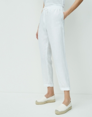 white linen tapered trousers