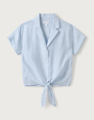 Linen Tie Front Shirt - Pale Blue