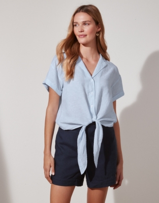 Linen Tie-Front Shirt - Pale Blue