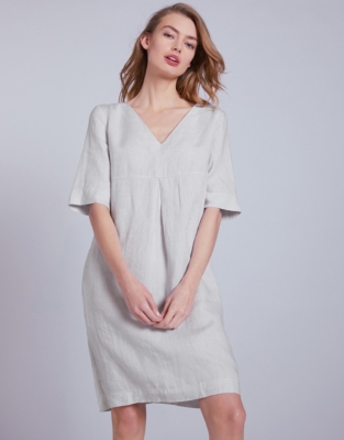 white linen v neck dress