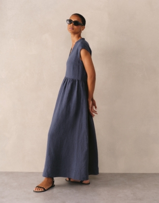 Linen V-Neck Midi Dress