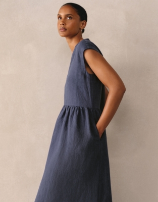 Linen V-Neck Midi Dress