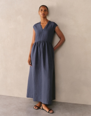 Linen V-Neck Midi Dress