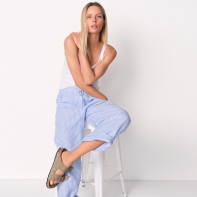 Linen Wide Drawstring Trousers - Blue Stripe