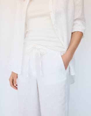 Linen Wide Drawstring Trousers - White