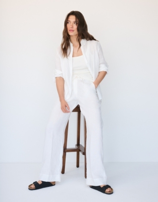 Linen Wide Drawstring Trousers - White