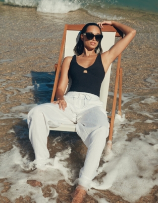 Linen Wide Drawstring Trousers - White
