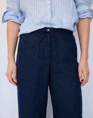 Linen Wide Drawstring Trousers - Navy