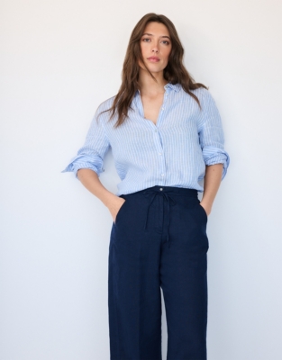 Linen Wide Drawstring Trousers - Navy