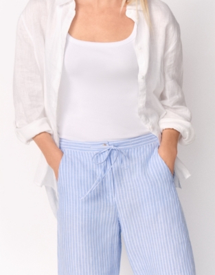 Linen Wide Drawstring Trousers - Blue Stripe