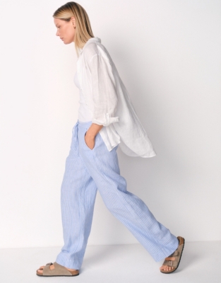 Linen Wide Drawstring Trousers - Blue Stripe