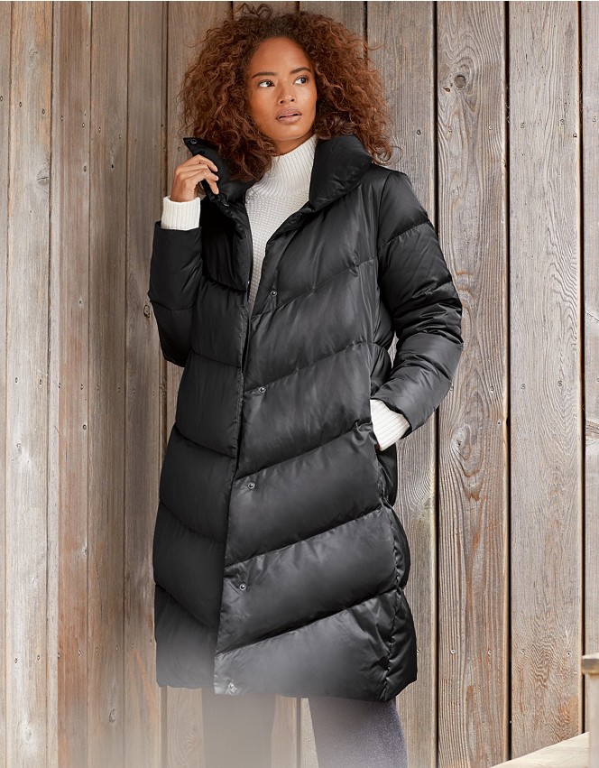 Long Down Filled Funnel Neck Puffa Coat, What Is A Down Filled Coat