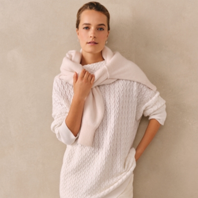 Long Line Cable Funnel Neck Jumper with Cashmere