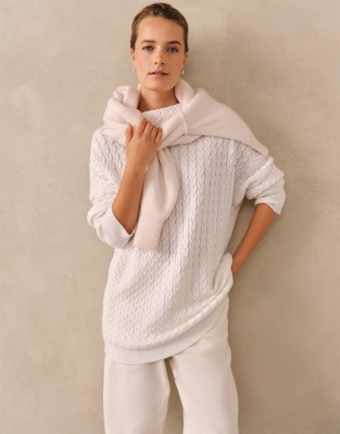 Long Line Cable Funnel Neck Jumper with Cashmere