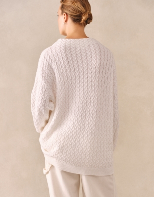 Long Line Cable Funnel Neck Jumper with Cashmere