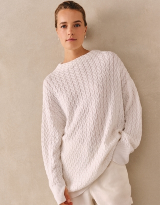 Long Line Cable Funnel Neck Jumper with Cashmere
