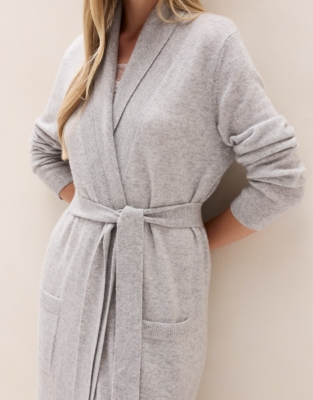 Long Shawl Collar Cashmere Robe - Pale Grey Marl