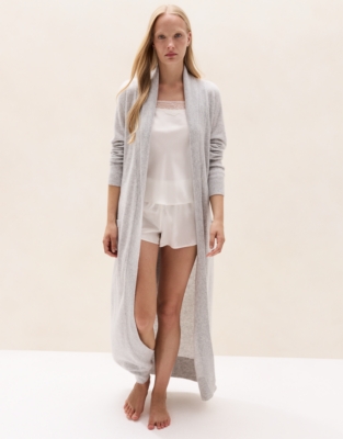 Long Shawl Collar Cashmere Robe - Pale Grey Marl