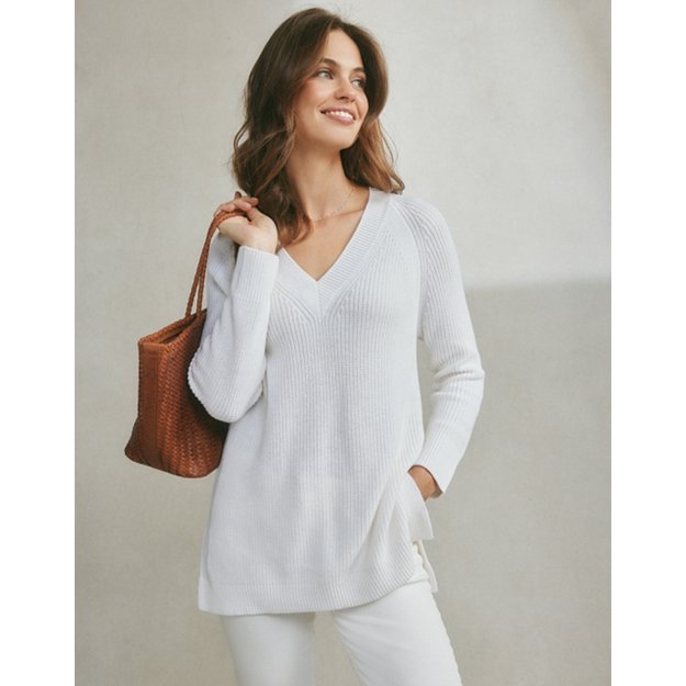Longline Cotton V-Neck Jumper | Jumpers & Cardigans | The White Company