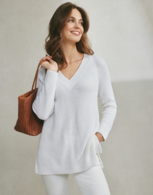 White cotton discount v neck sweater